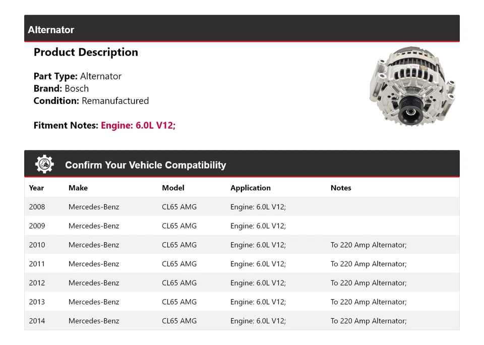 For 2008-2014 Mercedes CL65 AMG 6.0L V12 Bosch Alternator (Remanufactured) 2009 - Image 2 of 4