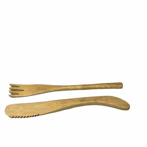 Pampered Chef Bamboo Serrated Condiment Spreader Knife And Fork - Picture 2 of 8