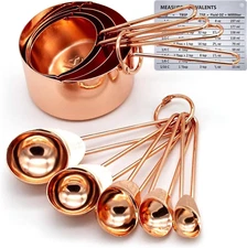 Copper Stainless Steel Measuring Cups and Spoons Set of 8 Engraved Measurements,