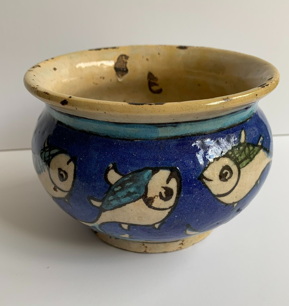 Beautiful Vintage Blue Persian Style Glazed Ceramic Hand - Painted