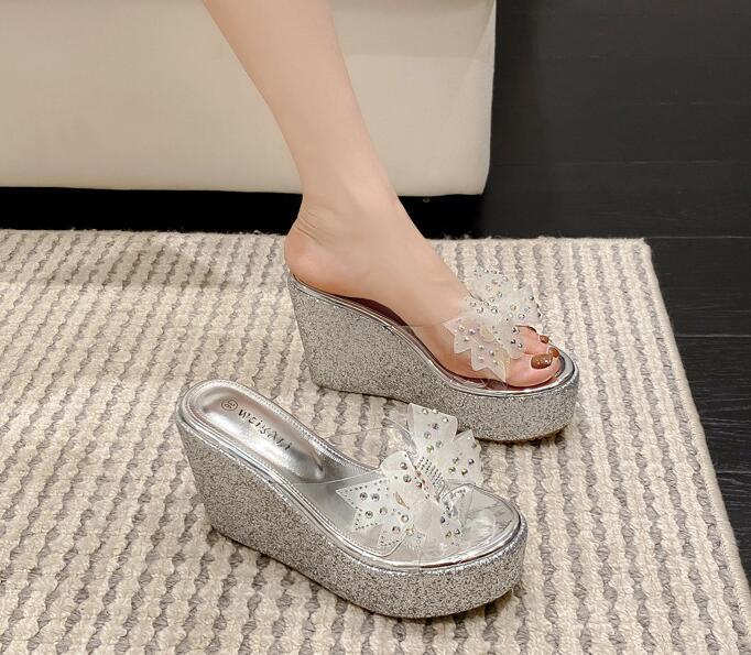 PANTOFOLA D’ORO Pantofola donna moda sexy punta aperta diamante nodo con fiocco zeppa tacchi alti plateau