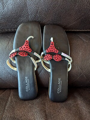 Michael Simon Collage Sandal Flip Flop Thong Shoe Bikini Sz 8.5 Black Red White
