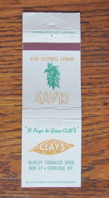CLAY'S BURLEY TOBACCO SEED MATCHBOOK COVER CARLISLE KENTUCKY MATCHCOVER -B24