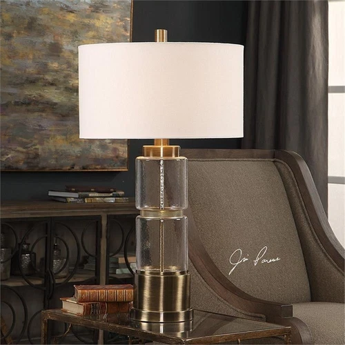 Uttermost Vaiga Steel Glass and Fabric Table Lamp in Antique Brass and White - Picture 2 of 5
