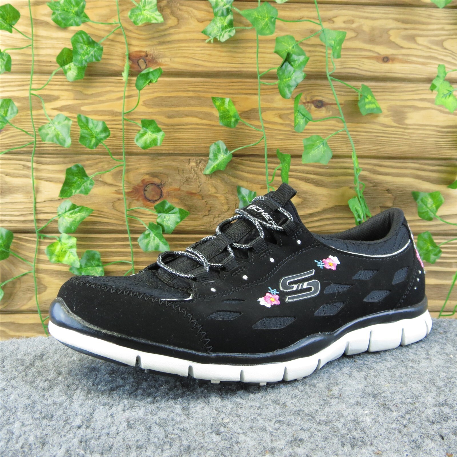 SKECHERS Air Cooled Memory Women Sneaker Shoes Size 8 Black Synthetic Slip On