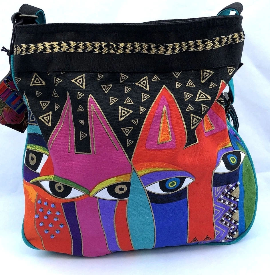 Sun N Sand Laurel Burch Gatos Tribales Lona Mediana Bandolera Bolso Mensajero Cartera Foto 2 de 4