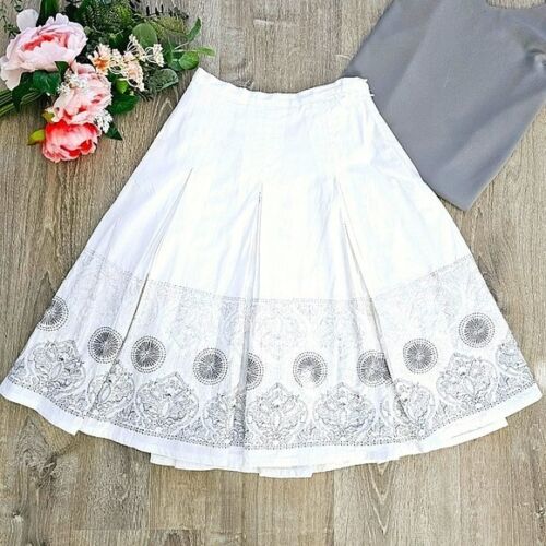 Coldwater Creek Women's Mini Circle Skirt Small Petite White Embroidered Pleated
