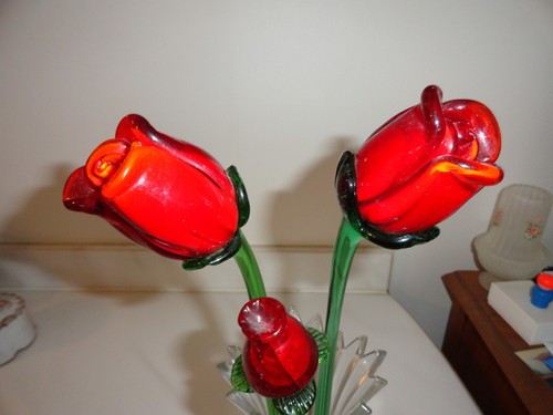 3 Vintage Murano Style Hand Blown Glass Flowers Long Stem Roses Lot Valentine's