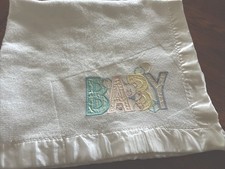 Vintage White Satin Trim Baby Blanket With Pastel Baby, Bear, Balloons 40x44