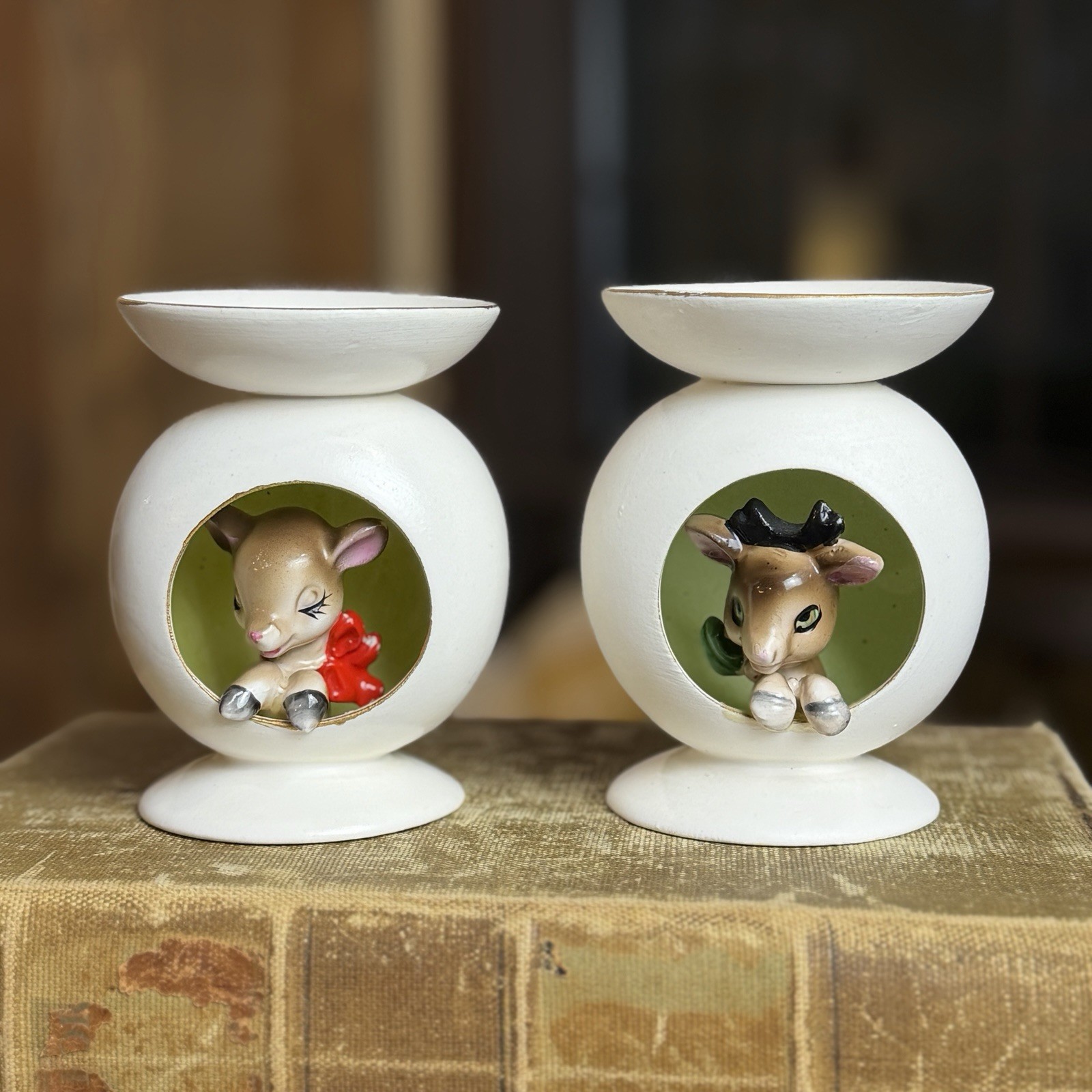 RARE Pair of Vintage 1959 Holt Howard ‘Peek A Boo’ Christmas Deer Candlesticks