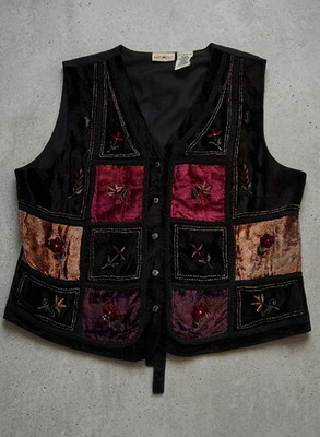 VTG Patchwork Velvet Floral Vest Women XL Whimsigoth Fairy 90s Boho Festival