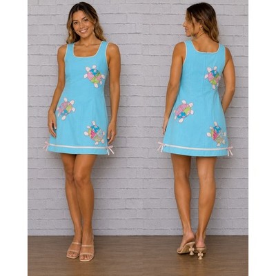 Lilly Pulitzer Blue Cotton Corduroy Sea Turtle Patchwork Shift Dress Size 2