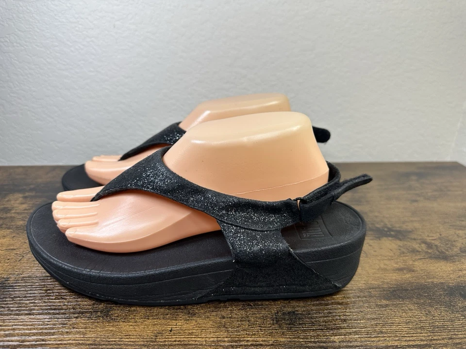 FitFlop Sandals Women's Comfortable Lulu Leather Thong Black Shimmering Size 9 - Image 4 of 4