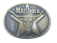 Vintage 1987 Philip Morris Marlboro Solid Brass Belt Buckle with Bull and Star