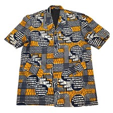 Vintage African Wax Print Short Sleeve Blazer Jacket Yellow Navy Geometric XL
