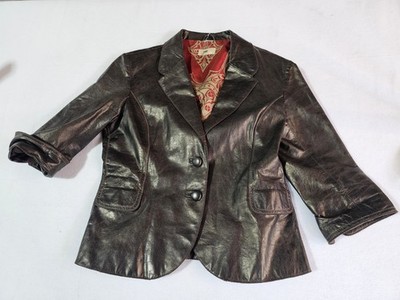 VTG 90s Y2K Brown Distressed Leather Blazer Jacket Ornate Red Gold Lining Boho M
