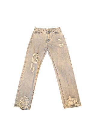 Princess Polly Holly Asymmetric Ripped Leg Jeans Light Wash Denim Size 6