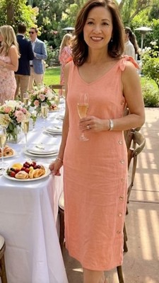 J Peterman Dress Womens 12 Peach Linen Midi Side Button Sleeveless Bow Tie  Strap | eBay
