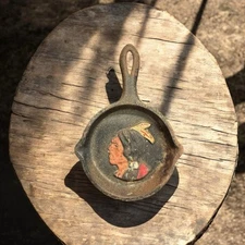 Vintage Cast Iron Mini Skillet Wall Decor Native American Head Painted Design