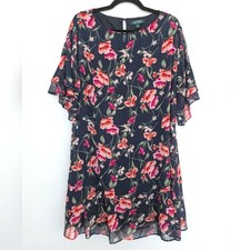 Lauren Ralph Lauren Floral Chiffon Flowy Black and Pink Dress Sz 14 Spring