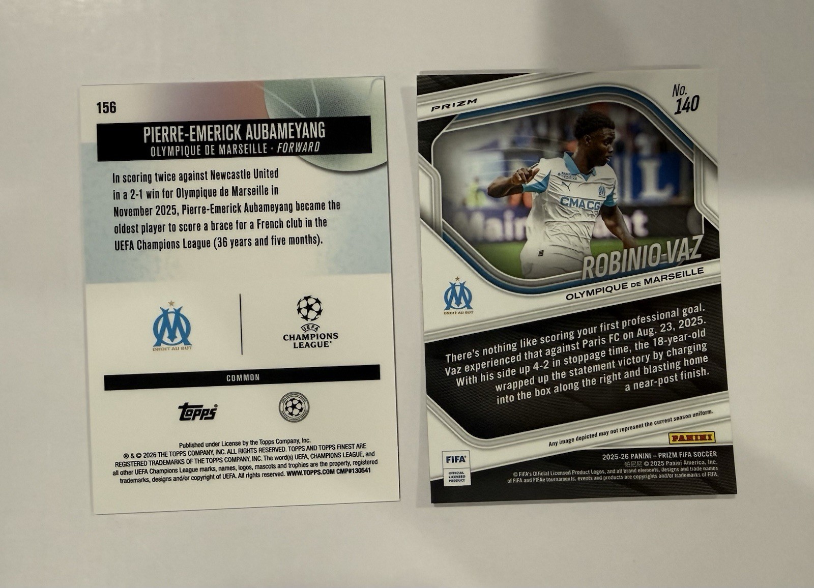 25-26 Marseille Soccer Lot 🔥 Aubameyang Finest + Robinio Vaz Prizm RC Parallel view 2