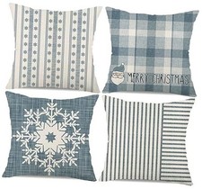 Blue Striped Christmas Decorations Pillow Covers 18x18 Set of 4 Stripes