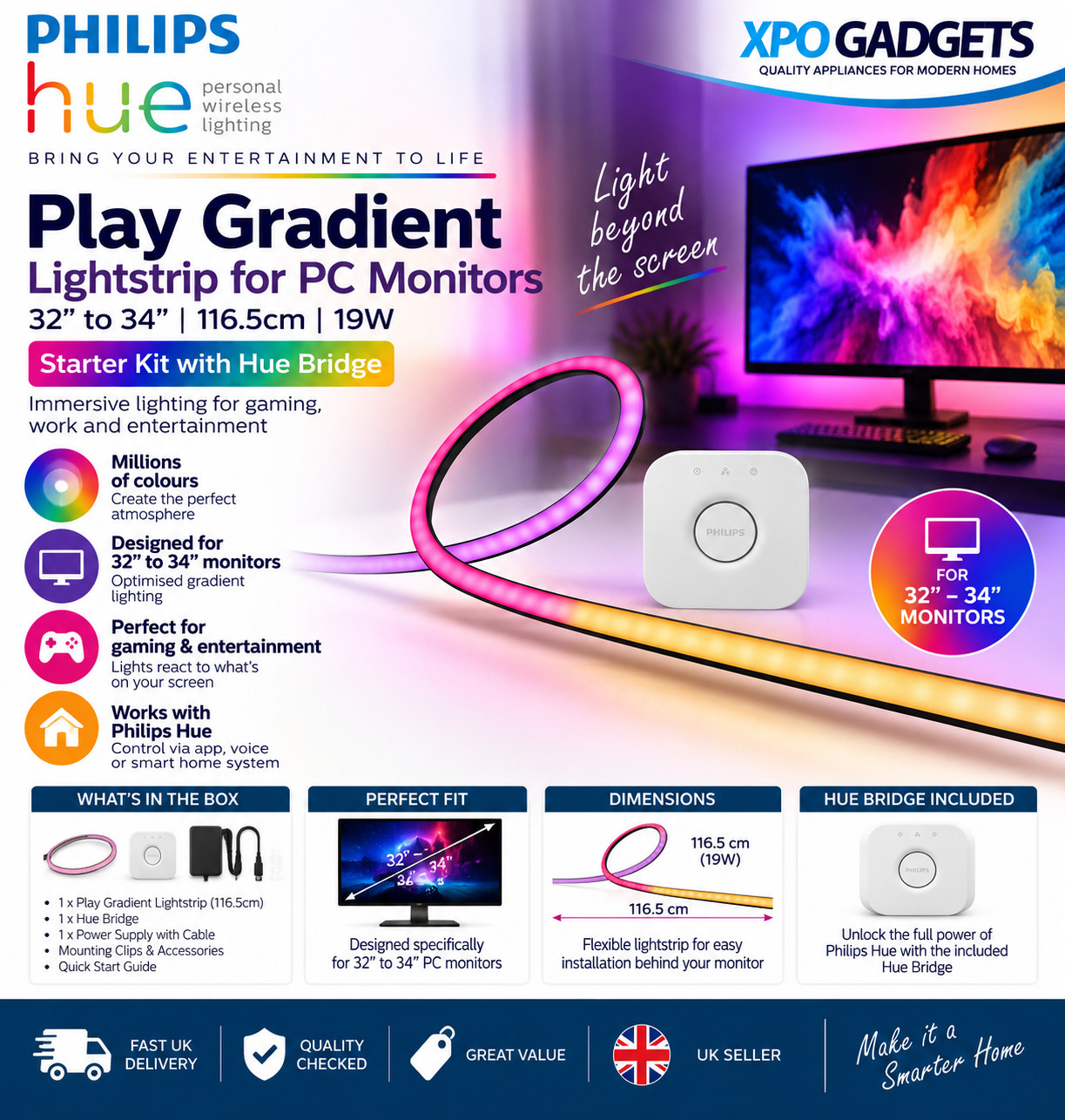 Philips Hue Play Gradient 32-34" PC Monitor LED Lightstrip Starter Kit Hue Bridg