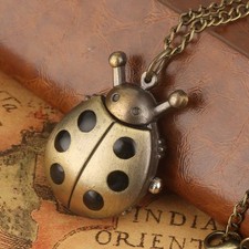 Ladybug Shape Bronze Pocket Watch White Arabic Dial Quartz Nature Gift with Chai