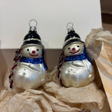 Set of 2 Glass Snowman Christmas Ornaments Blue Scarf Black Top Hat Rhinestones