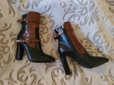 PRADA Black Brown Leather Buckle Zipper Ankle Bootie Square Toe Zip EU 38.5