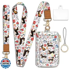 Dachshund Lanyard Wallet with ID Badge Holder, Flower Small RFID Wallet Women