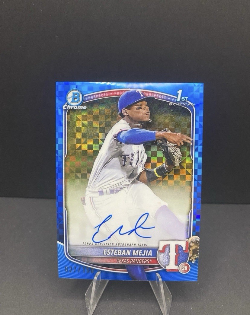 2025 Bowman Esteban Mejia Chrome Auto Blue X-Fractor /150 1st Rangers