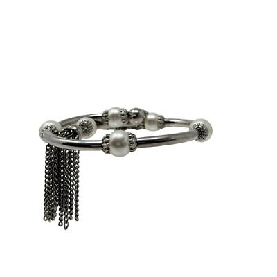 Miriam Haskell Style Double Loop Bracelet Vintage 1950s Silver Tone Tassel Pearl