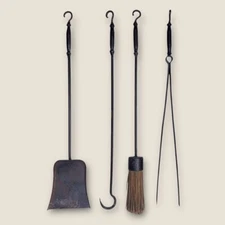 PRIMITIVE WROUGHT IRON FIRE PLACE TOOLS 4PC SET FIREPLACE