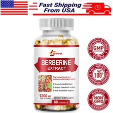60 Berberine Capsules 1200mg High Potency Anti-inflammatory Blood Sugar Support