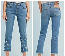 ANTHROPOLOGIE PILCRO PEARL DETAIL HIGH RISE SLIM LEG DENIM JEANS PANTS 32 EXC