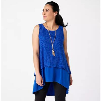 #ad #ad Dennis Basso Tunic Top Large Crepe Burnout High Low Hem Sleeveless Blue QVC New $19.00