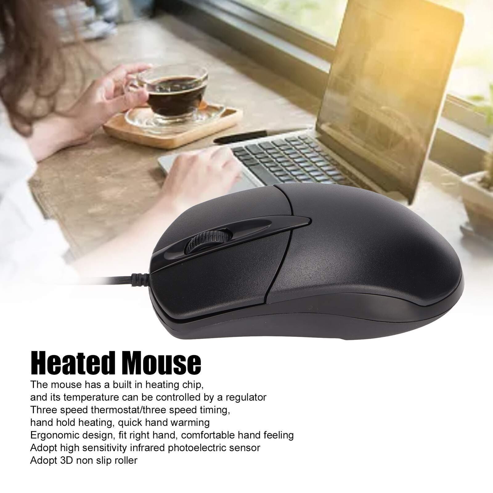 Adjustable 3-Level Heated Ergonomic Wired Mouse 1600DPI in Black
