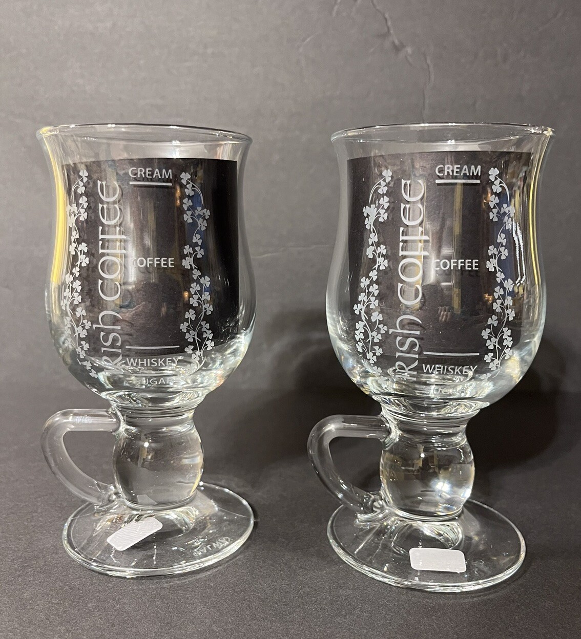 Galway Crystal Irish Coffee Cocktail Glasses Etched Recipe & Shamrocks