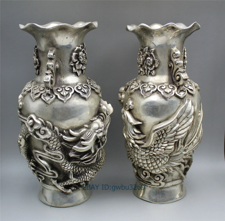 Collection old Tibet silver Vase Handwork carved dragon& Phoenix w Qianlong Mark - Image 2 of 4