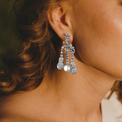Magnificent Pearl Drops & Lab-Created Diamonds Women Earrings 925 Silver Jewelry - Picture 2 of 9