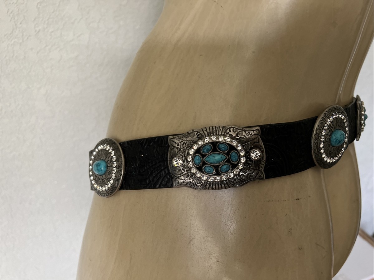 Christine Alexander leather Belt with swarovski  crystal  and Turquoise Size XL Black Leather Christine Alexander Belts for Women for sale  main image 2