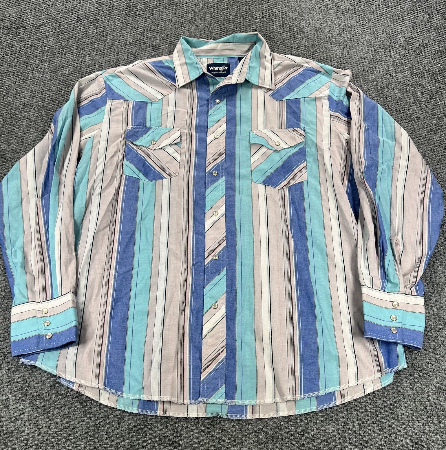 Vintage Wrangler Western Shirt Mens XL Blue Pearl Snaps Striped Short Sleeve