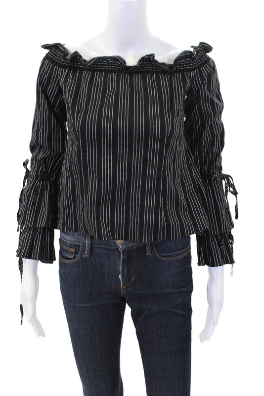 Intermix Womens Cotton Blend Striped Off The Shoulder Blouse Top Black Size S