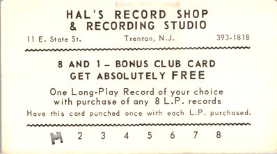 Hal's Record Shop Trenton NJ 1960s Bonus Club Card Punch Card Audio Hi Fi