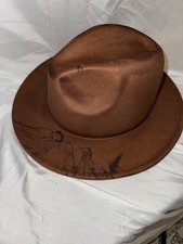 Hand-Burned Brown Fedora Hat – Mountain & Pine Forest Design – One of a Kind