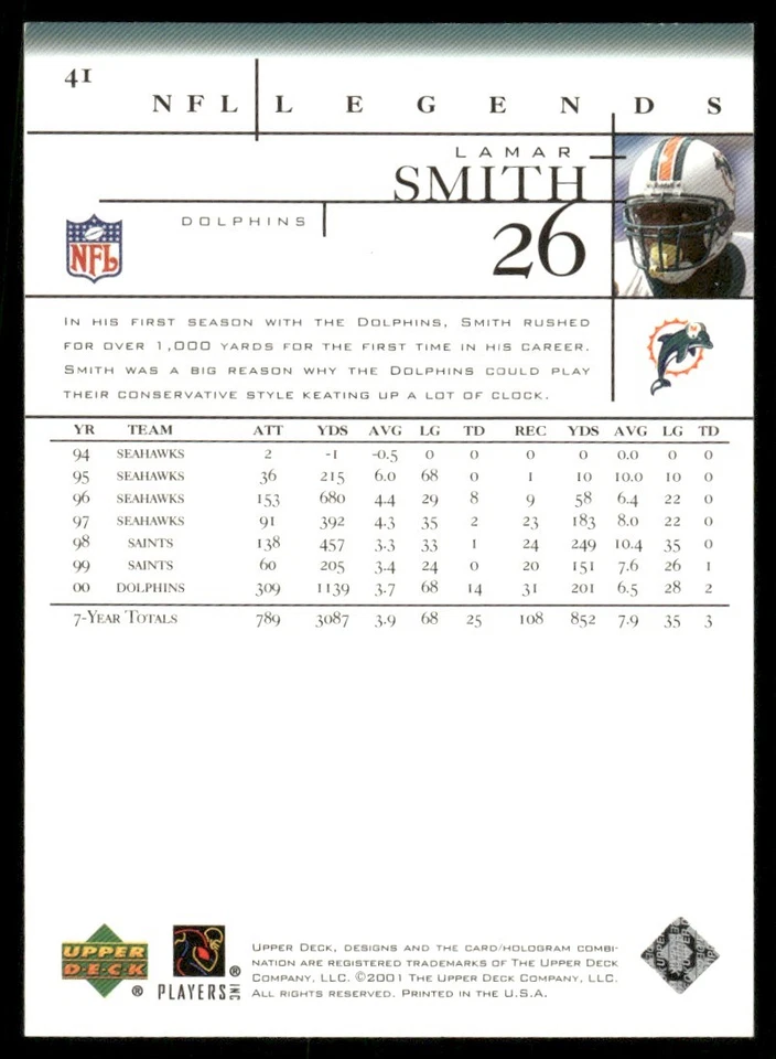 2000 Upper Deck Legends Lamar Smith Miami Dolphins #41 - Image 2 of 2
