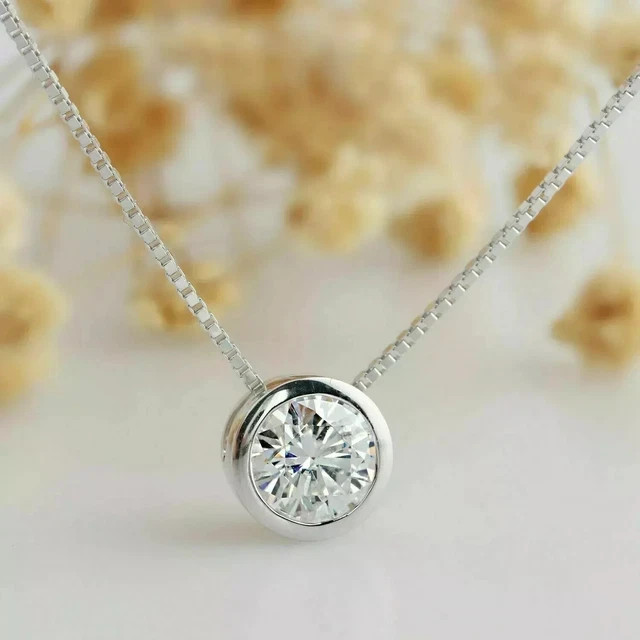 2Ct Round Lab Created Diamond Bezel Set Solitaire Pendant 14k White Gold Plated