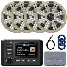 Kicker 3" LCD Marine Receiver, 4x 6.5" 195W Speaker, White Grille, Antenna, Wire