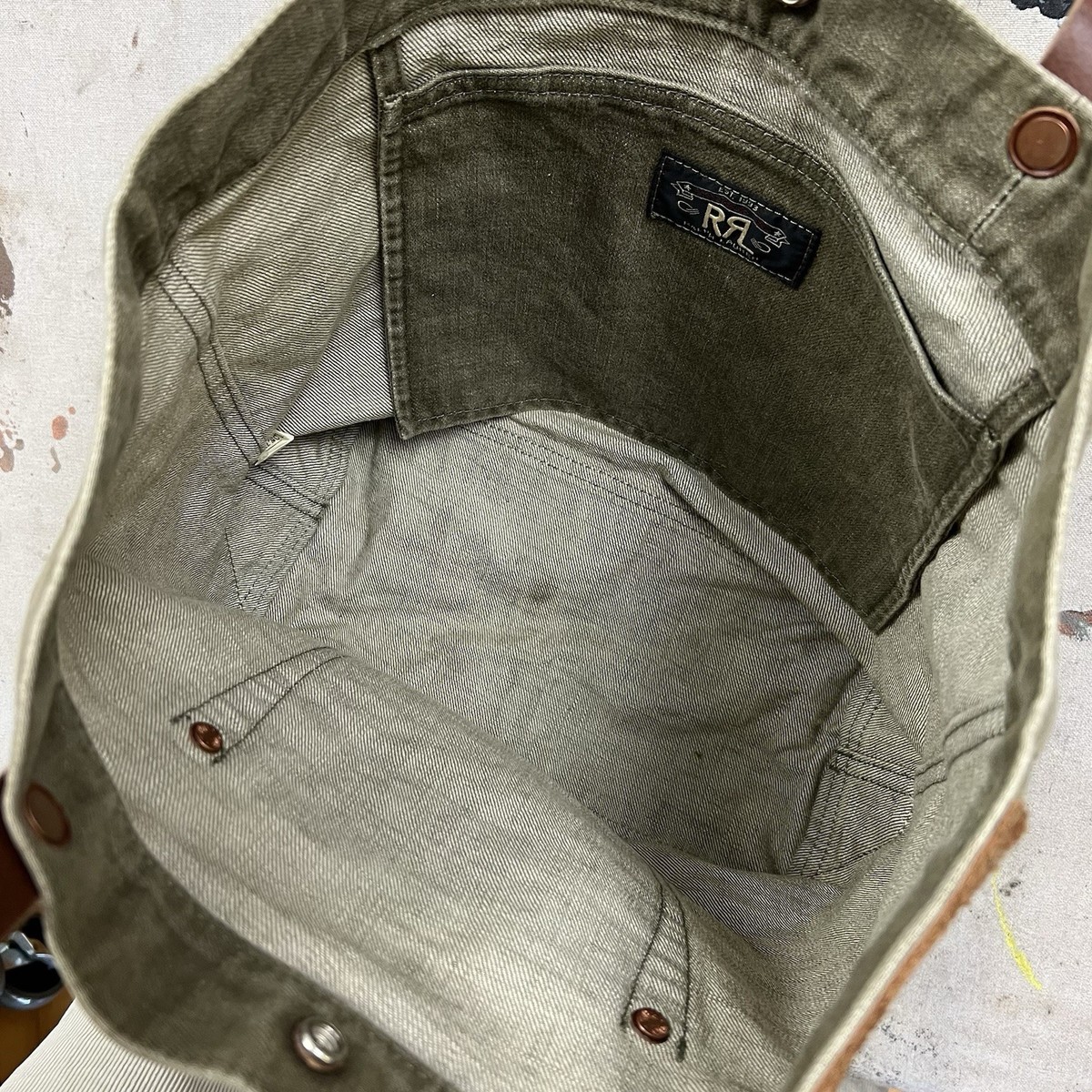 RRL Ralph Lauren Olsen Denim Olive Green Tote Bag Leather Trim